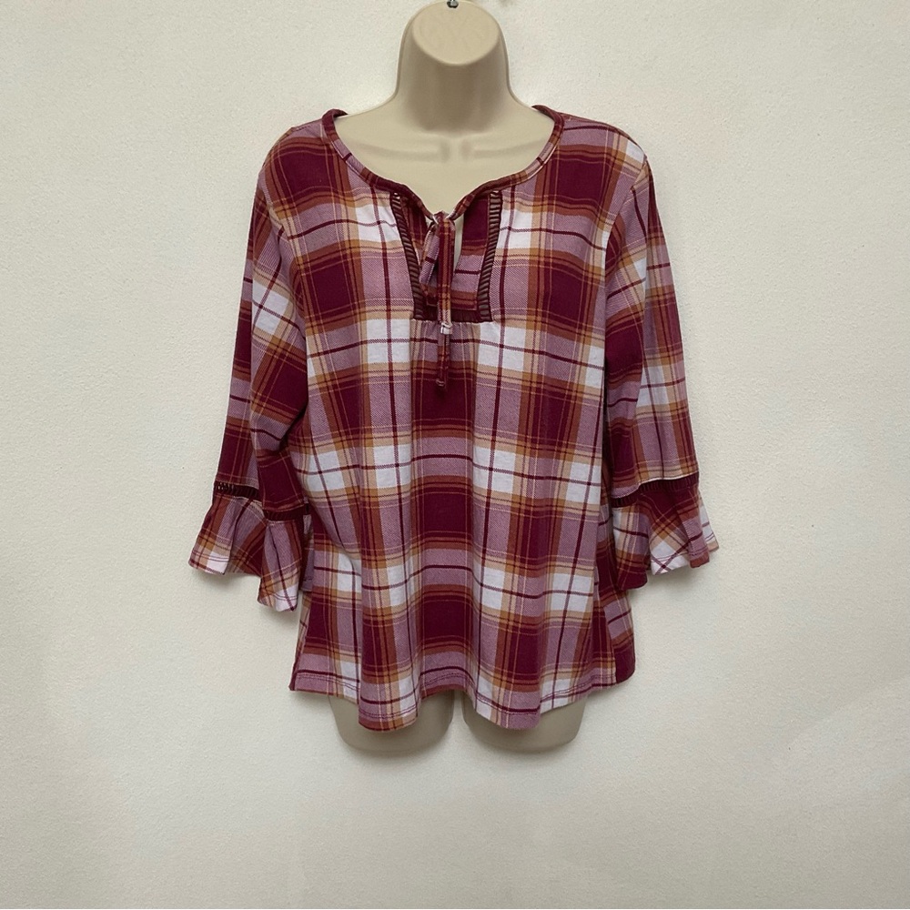 Alison Andrew Red, Orange Plaid Soft Tie Front Long Sleeve Ruffle Top Size XL